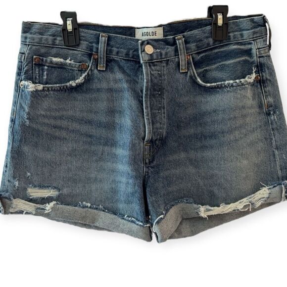 Agolde Parker Long Distressed Cuffed Raw Hem Denim Shorts 30 - Picture 1 of 4